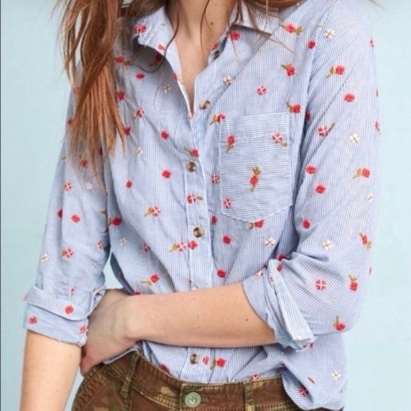 Mavi Blue Striped women’s  Shirt with Red Accents - Picture 1 of 4